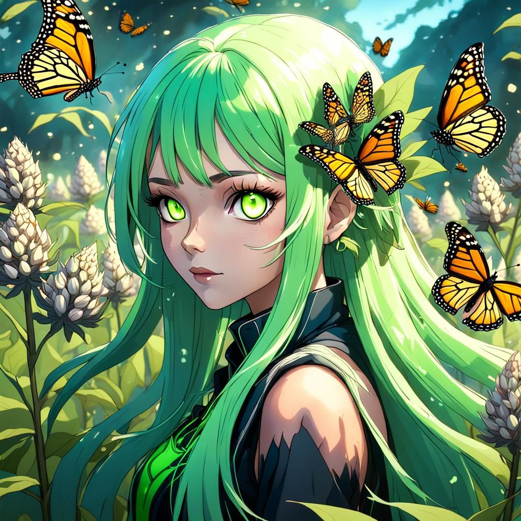 Vibrant Anime Girl Among Monarch Butterflies in a Fantasy La...