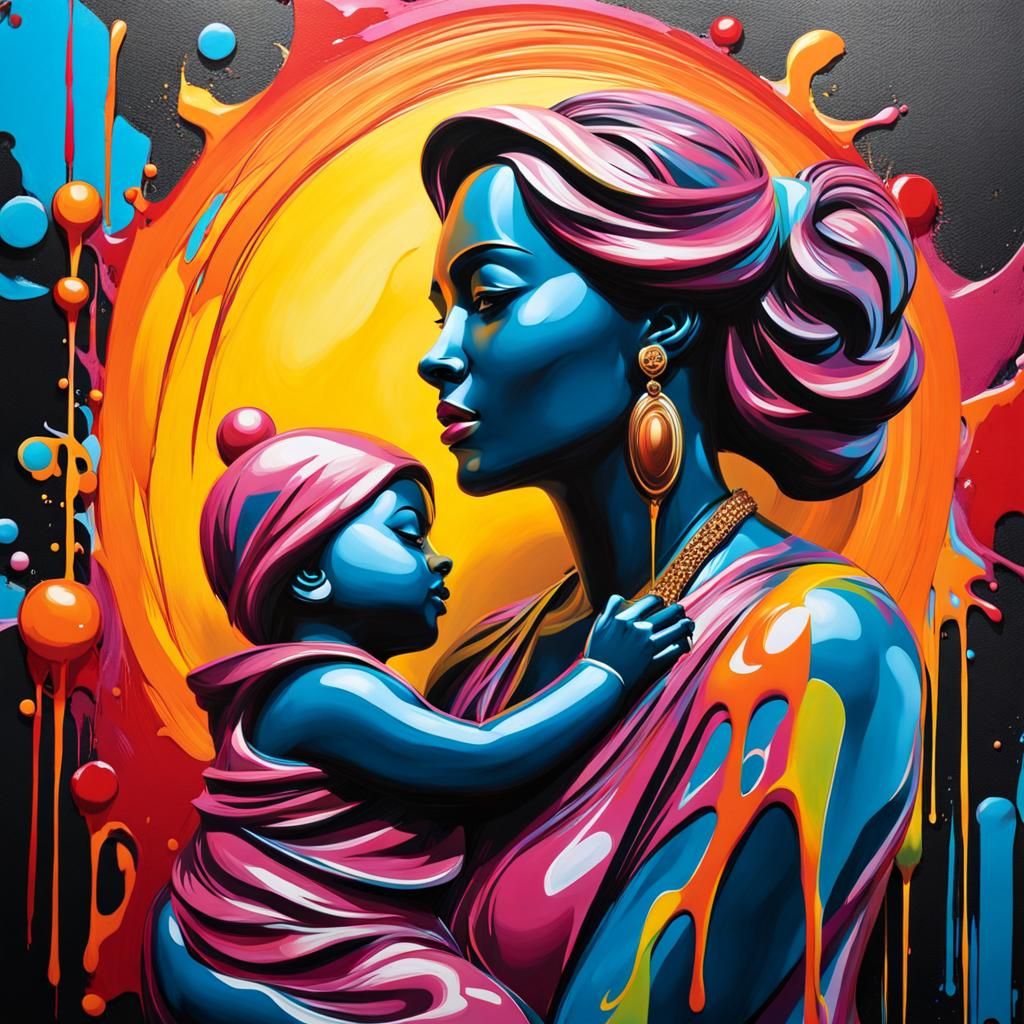 Motherly Embrace in Vibrant Graffiti Style