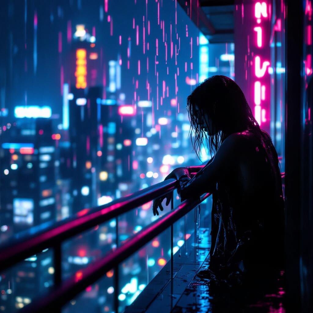 Cyberpunk City Balcony With Figure in Neon Rain