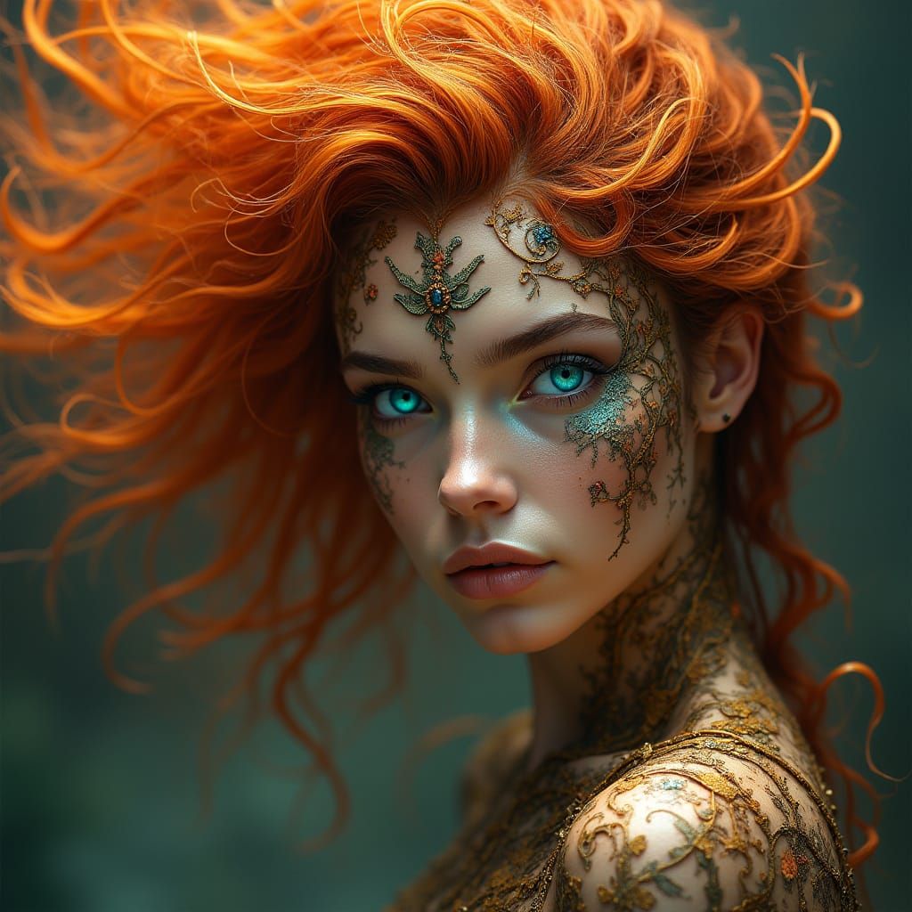 Majestic Goddess with Blazing Tresses and Oceanic Eyes