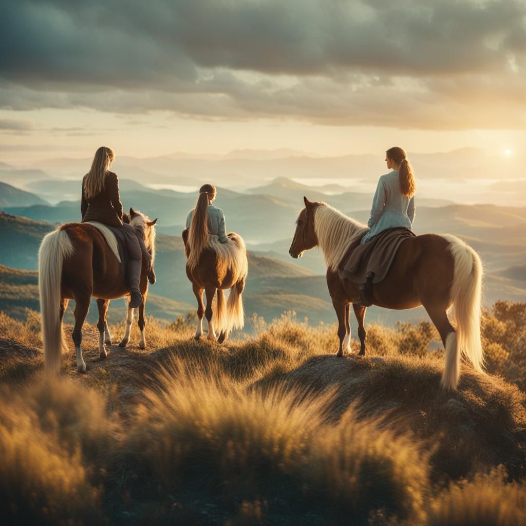 Two Girls Riding Horses on a Mountain Overlooking a Panorami...
