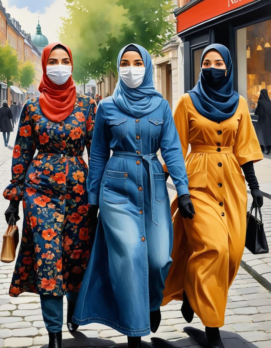 Women in Hijabs Strolling Through Copenhagen: Oil Painting