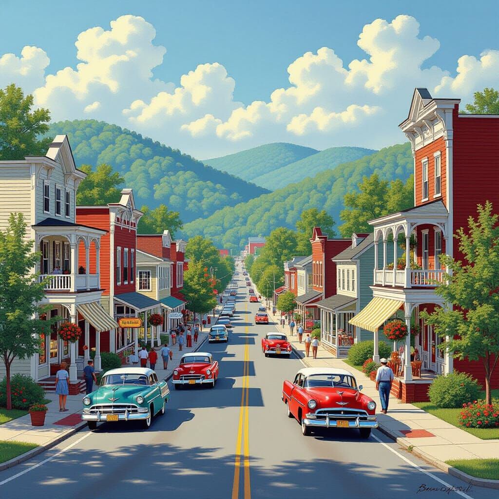 Bustling Street in Van Lear, Kentucky, in Rockwell Style