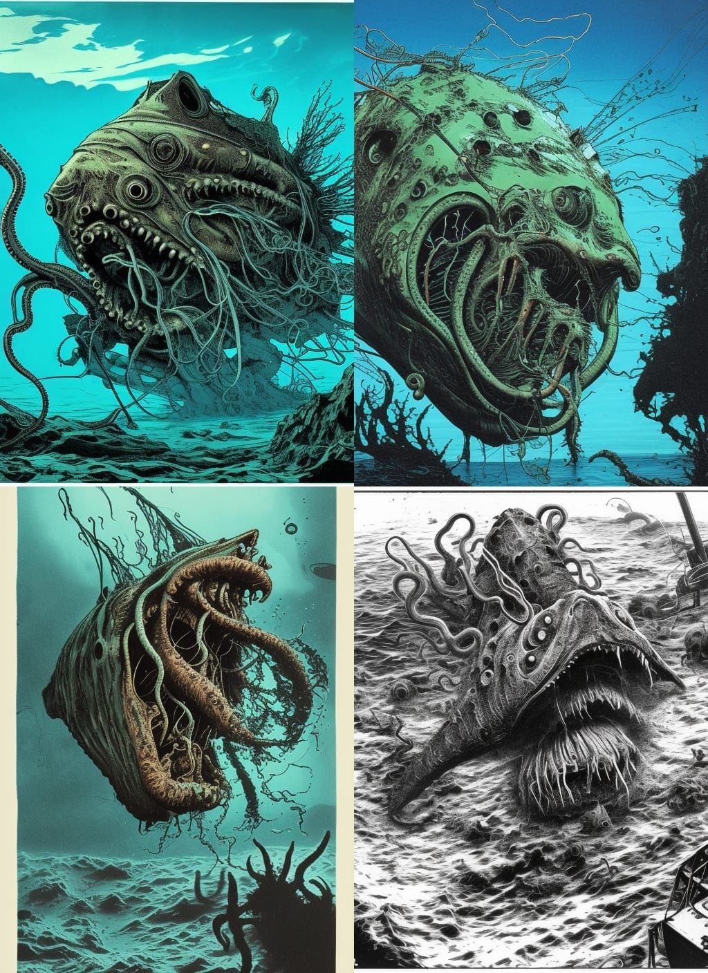 Copperplate Engraving of Monstrous Angler Fish in a Polluted...