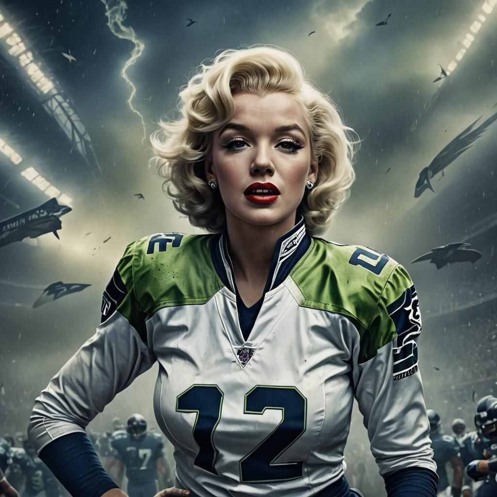 Marilyn Monroe as a Seattle Seahawks Player in Dramatic Matt...