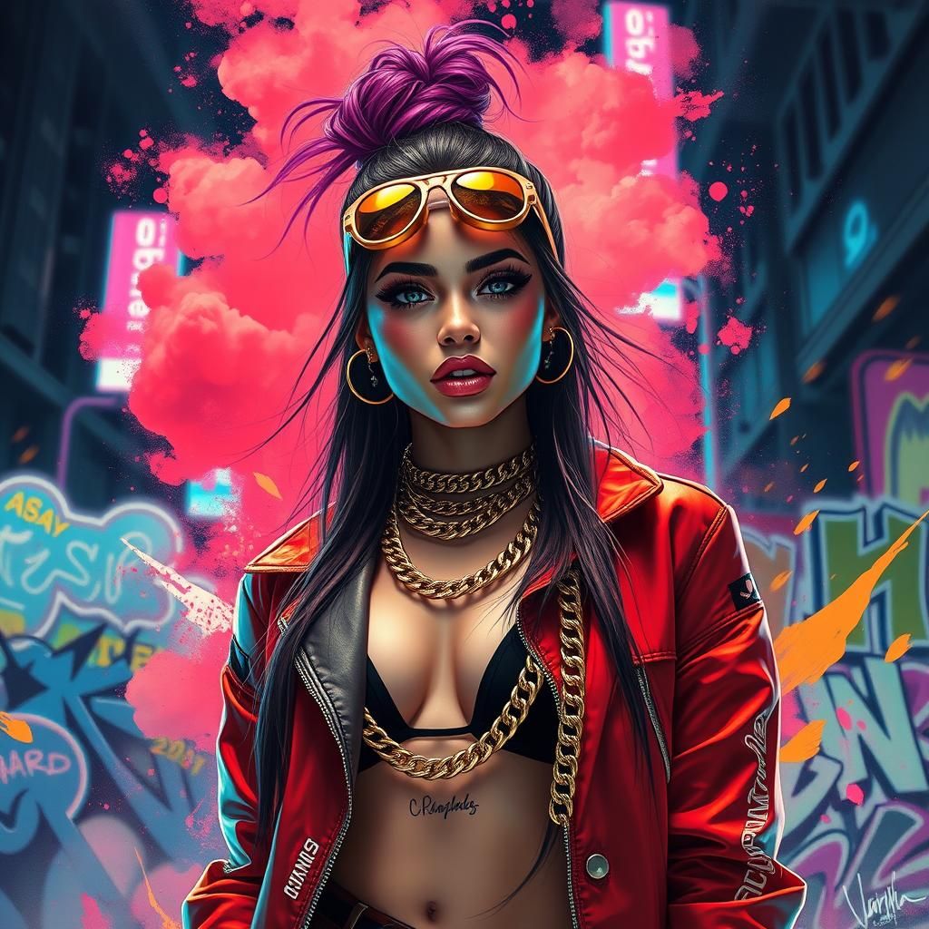 Vibrant Streetwear Model in Neon Cityscape