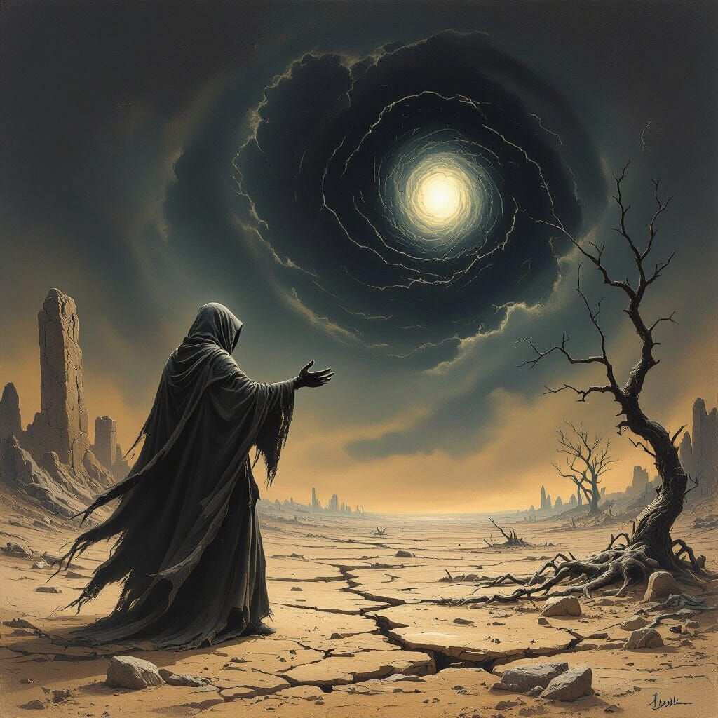 Dark Fantasy Figure in Wasteland with Eerie Lighting