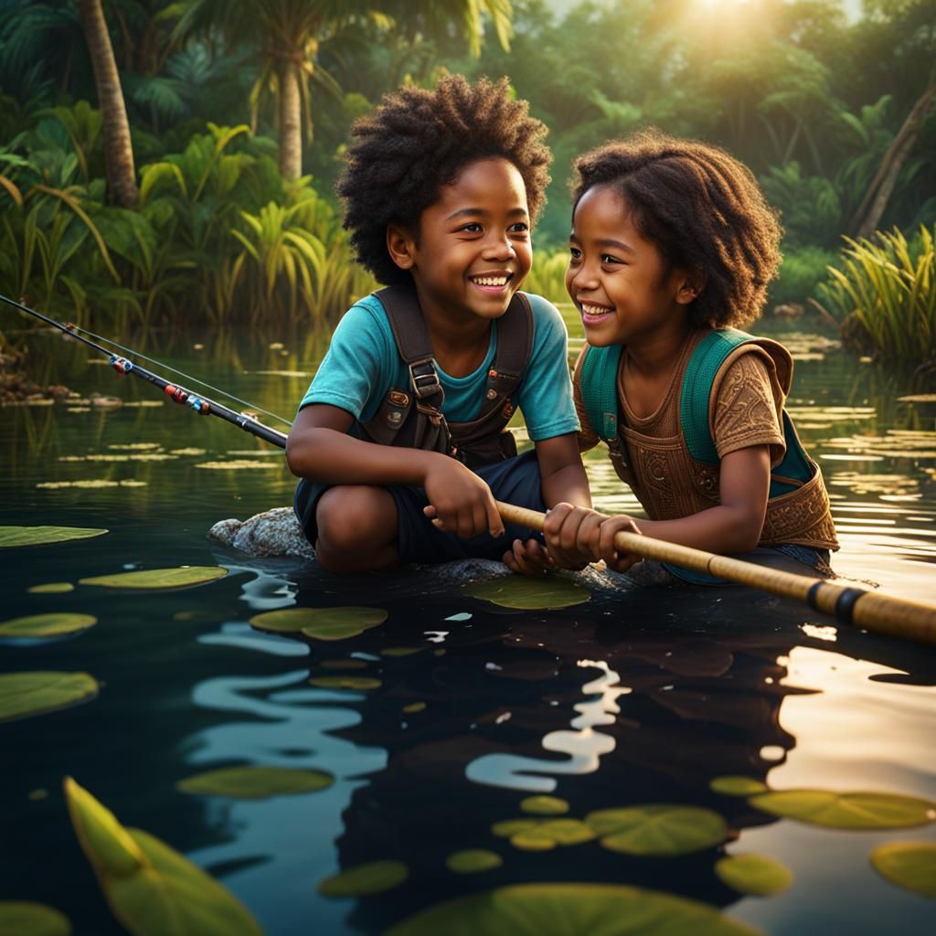 Vibrant Pond Fishing Scene with Young Islander Boy and Girl...