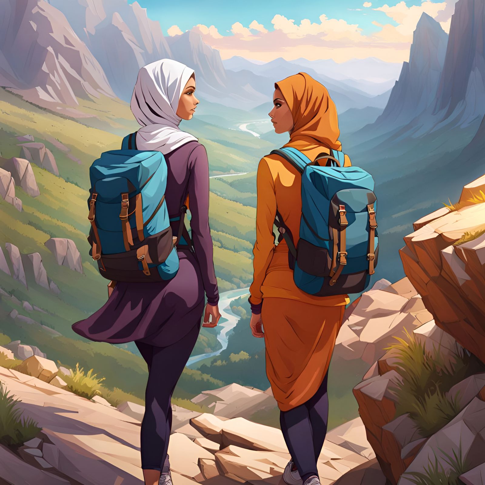 Hijabi Women Hiking in Rocky Mountains