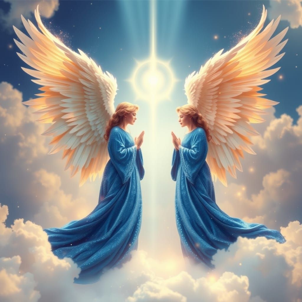 Angels in Blue Attire Surround a Figure of Faith