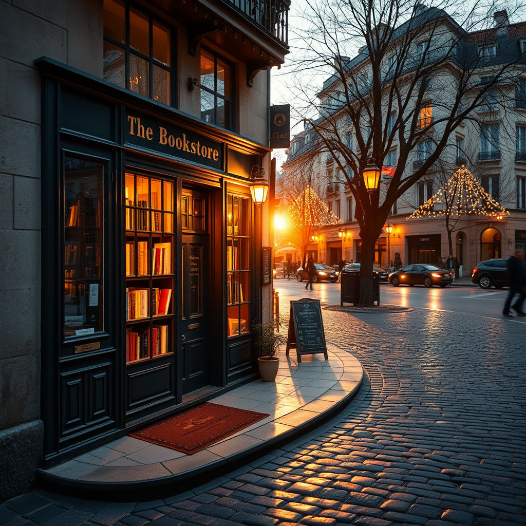 Dreamy Bookstore Scene in Golden Light