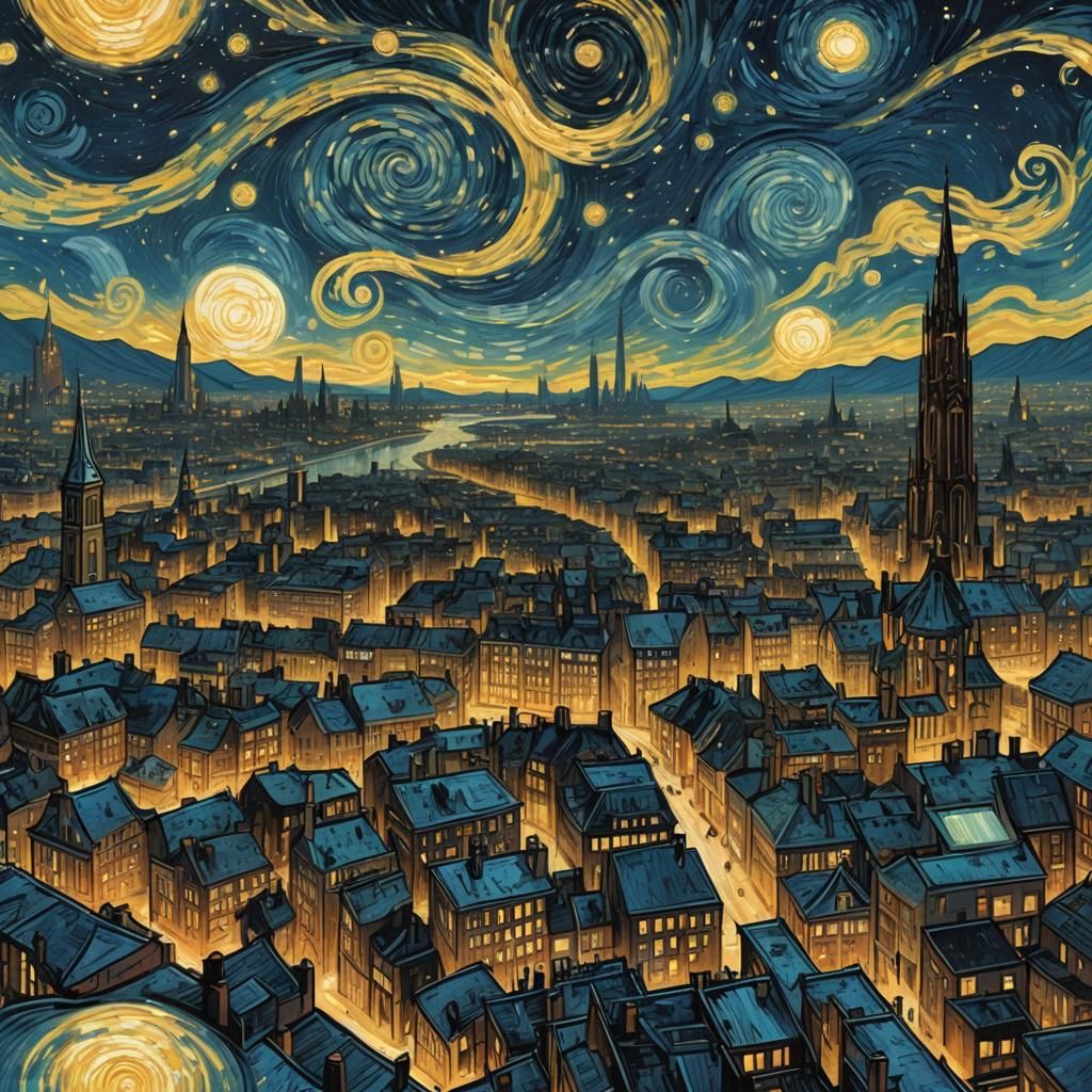 Cosmic Starry Night Skyline Over Futuristic City