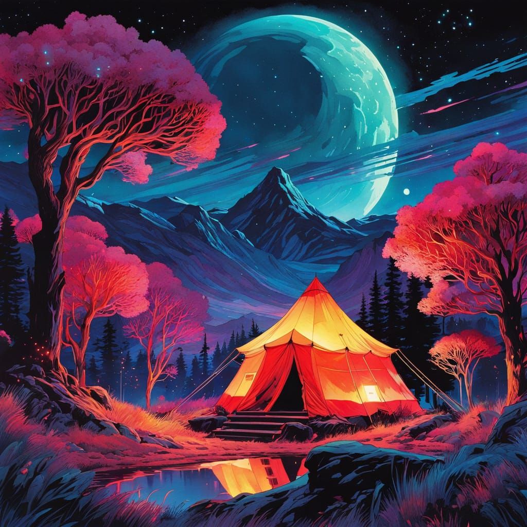 Fantasy Valley Campsite Under Starry Night