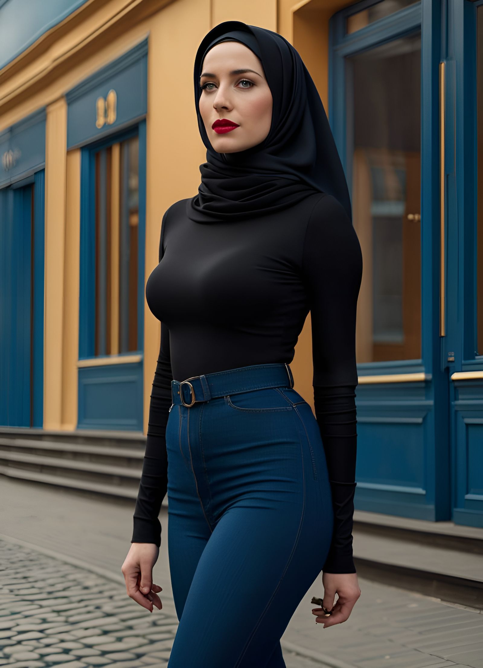 Curvy Woman in Hijab and Jeans, Digital Art