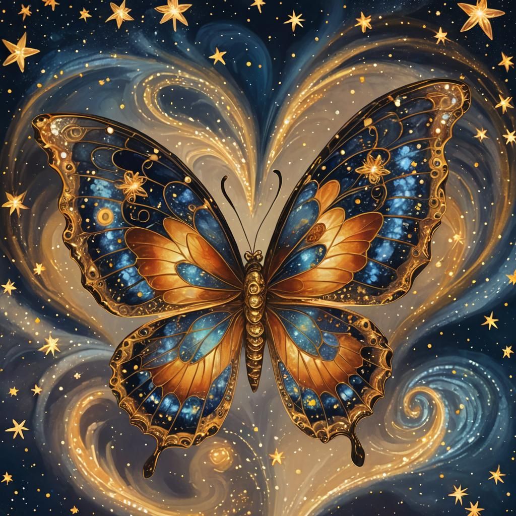 Celestial Butterfly Heart Blooms with Glowing Stars