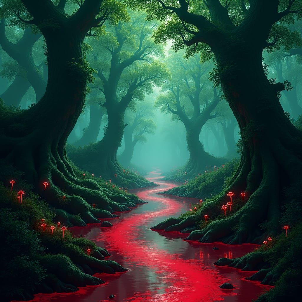 Dark Mystical Forest with Crimson River and Towering Trees
