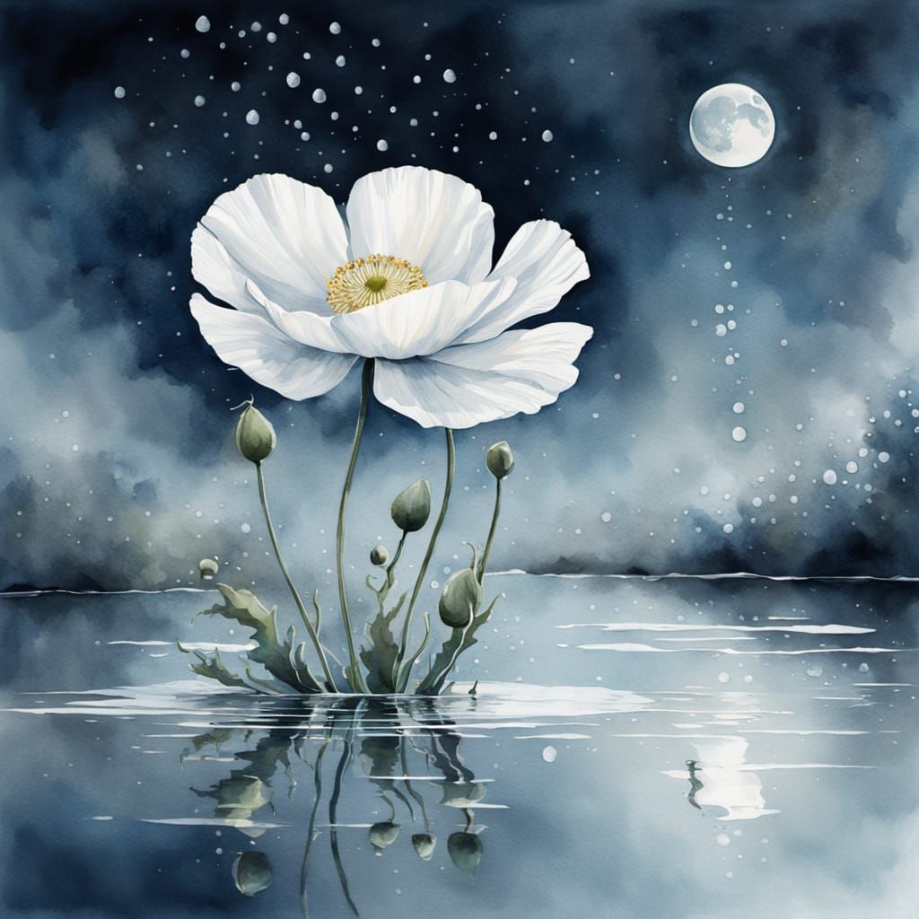 Ethereal Watercolor Poppy in Moonlight
