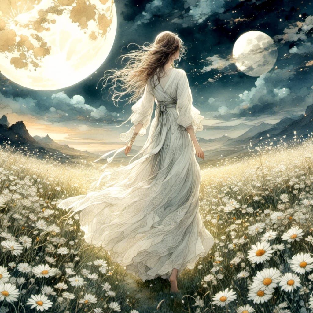 woman in white lace dress walking in daisy field on full moo...