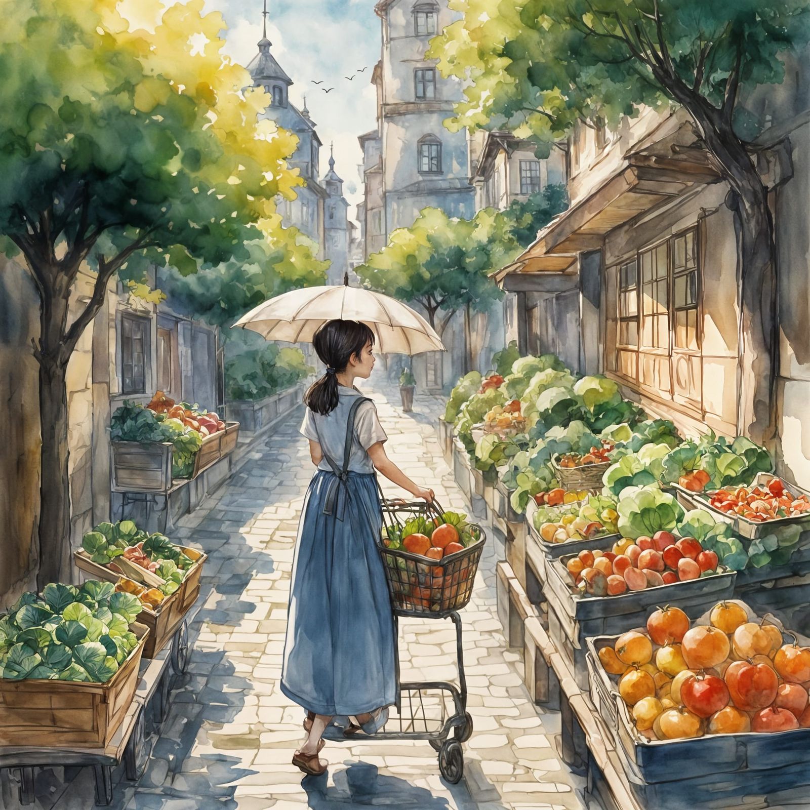 Whimsical Anime Village Shopping Scene