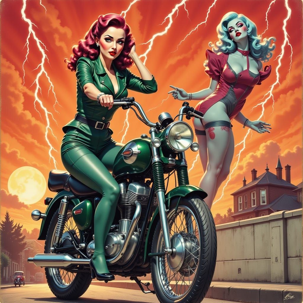 1950s Pin-Up Rides Motorcycle Through Neon Sunset