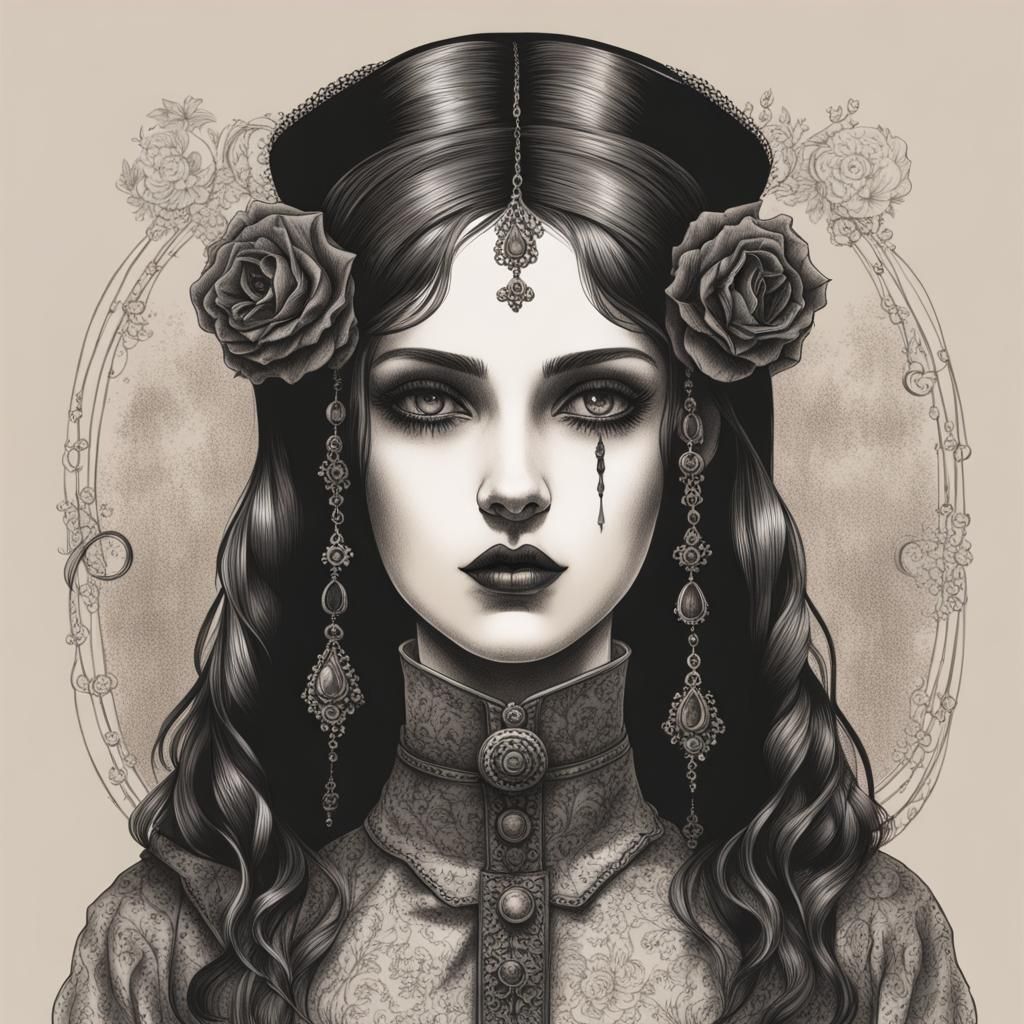Mysterious Gothic Lady in Antique Illustration Style