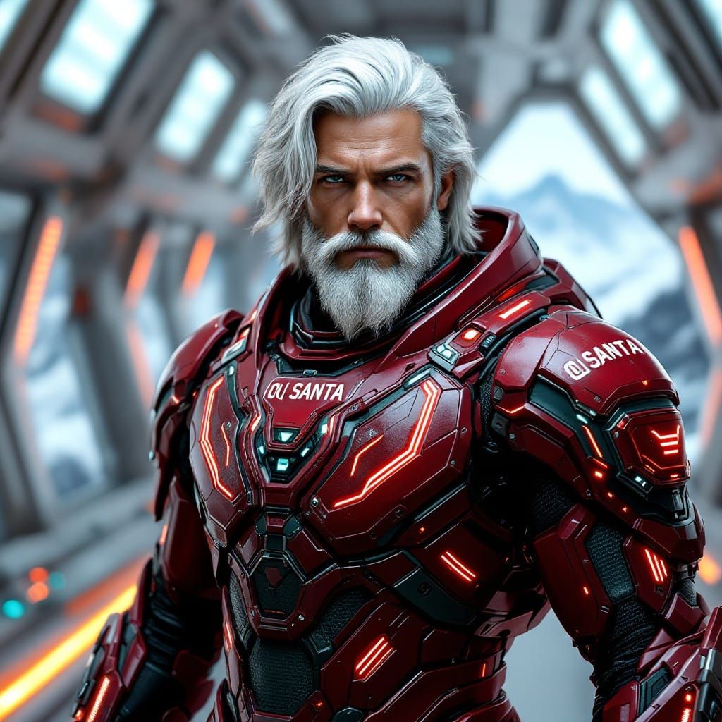 Confident Sci-Fi Hero in Cyberpunk Exosuit