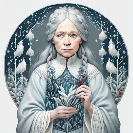 Scandinavian winter, mature woman, by Marisa Redondo, Marlene Dumas, Amanda Clark, Kay Nielsen, light blue red green sof...