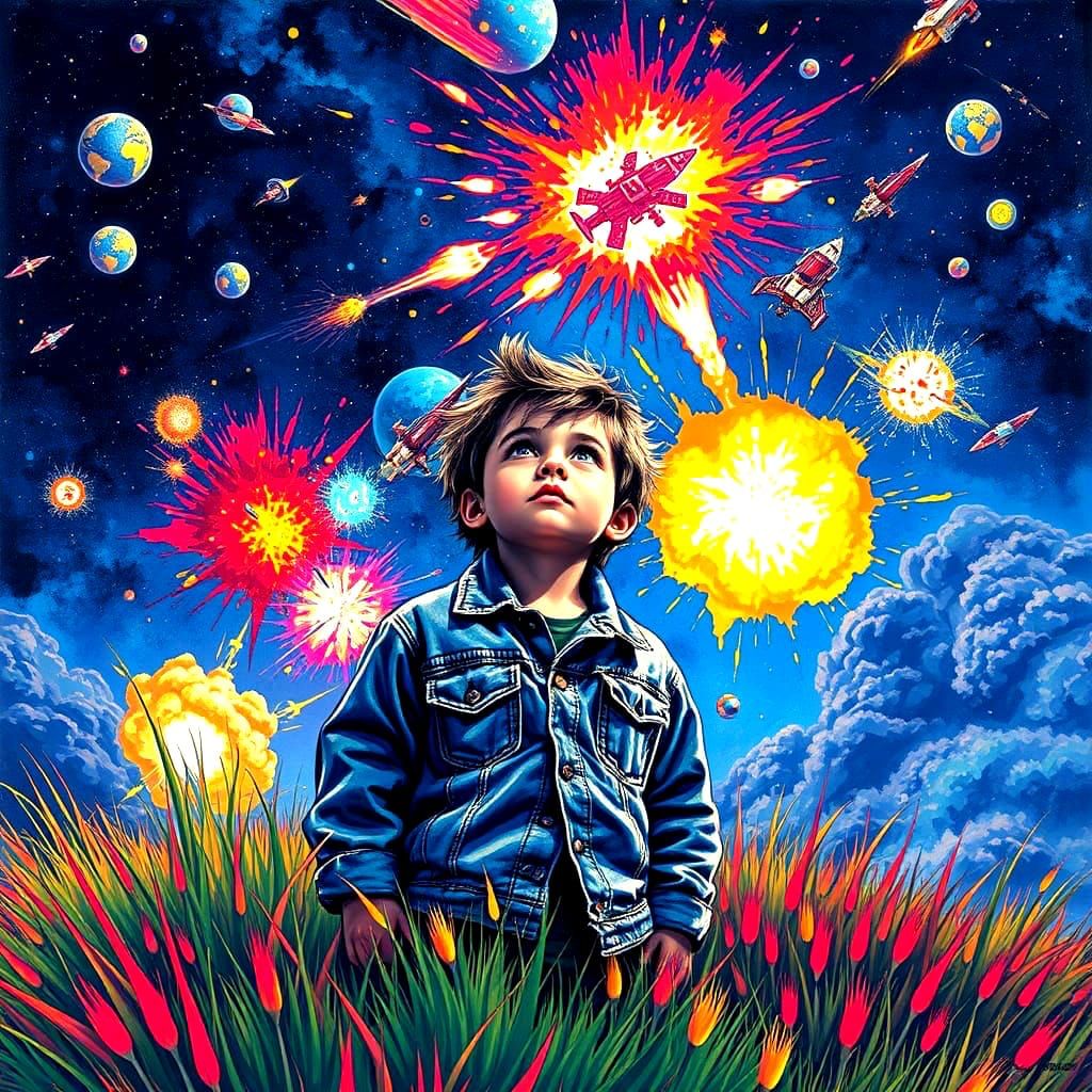 Boy Witnesses Epic Space Battle from Grassy Hill in Vibrant ...