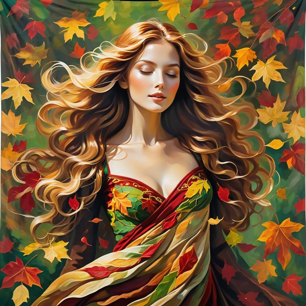 Whimsical Autumn Woman in Vibrant, Impasto Paints
