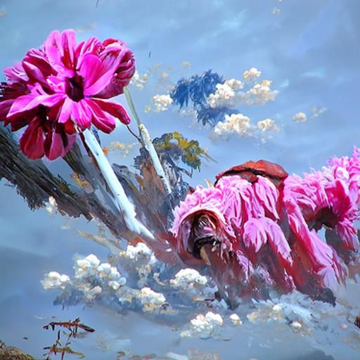 Pink Blooms Fall from the Sky in Whimsical Oil Painting