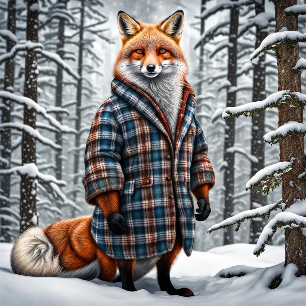 Whimsical Fox in Plaid, Snowy Scene in Hyperrealistic Style