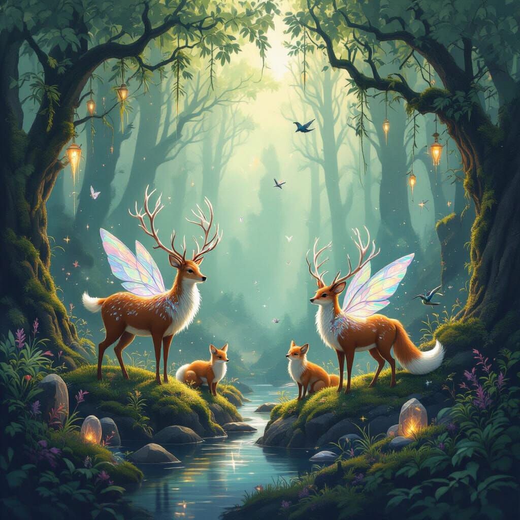 Enchanted Forest with Crystalline Deer and Foxes