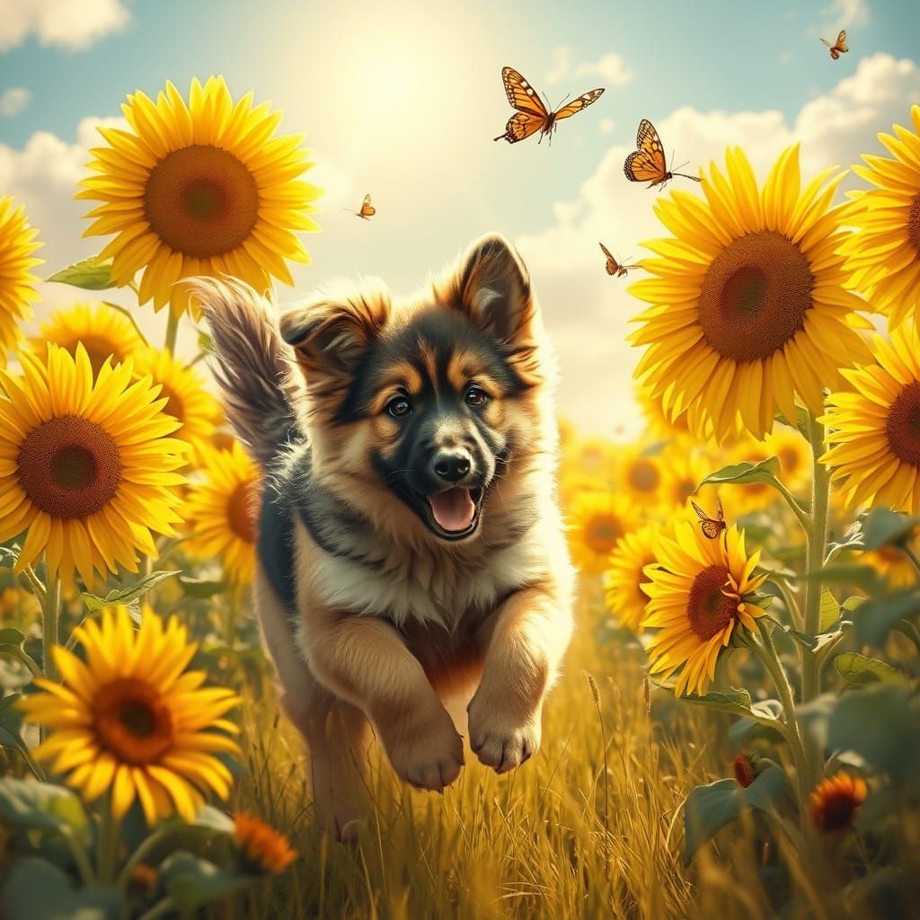 Imagine a whimsical scene of a sable German Shepherd puppy f...