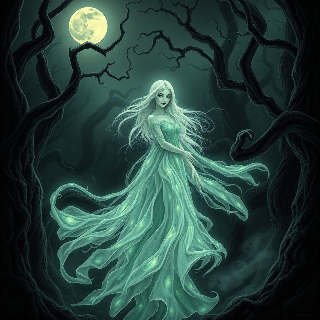 Ethereal Ghostly Maiden in Dark, Enchanted Forest