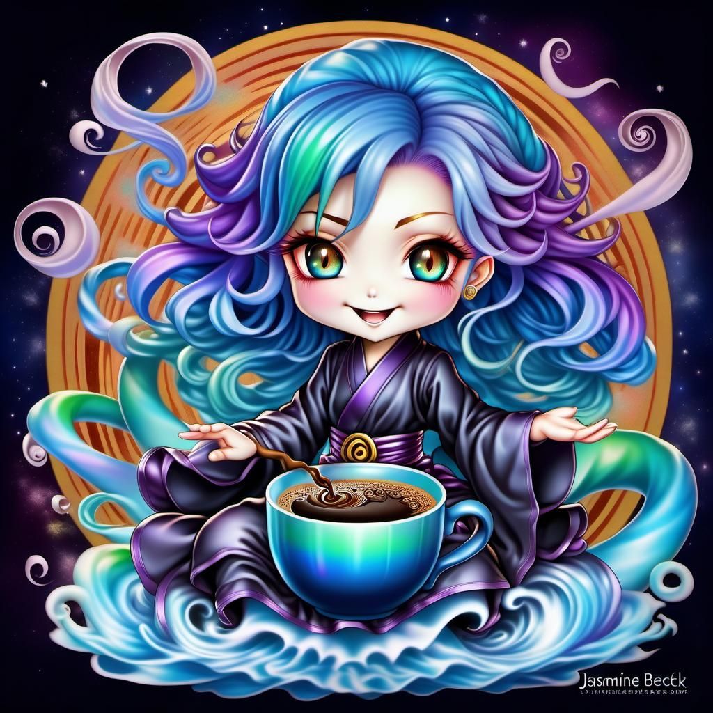 Chibi Coffee Witch in Vibrant Anime Style