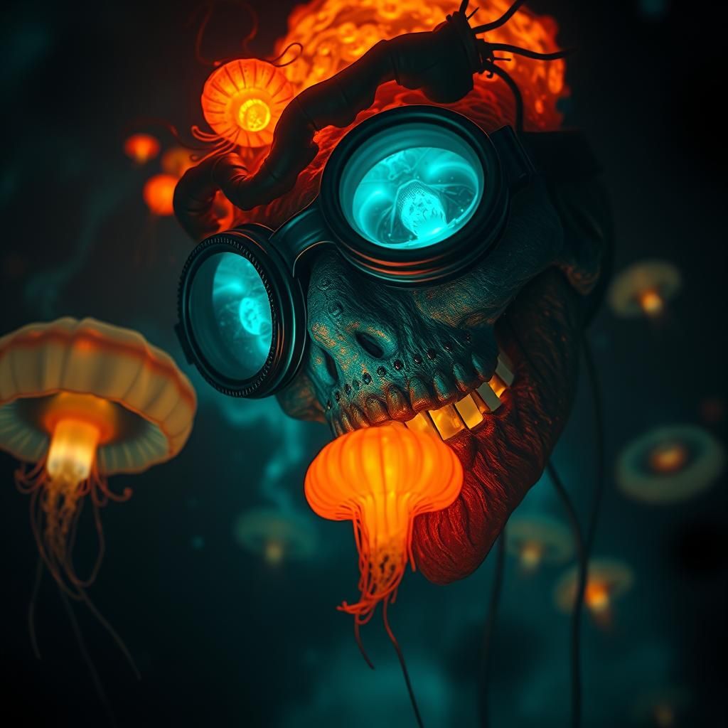 Ethereal Underwater Scene with Fractal Flames and Goggles We...