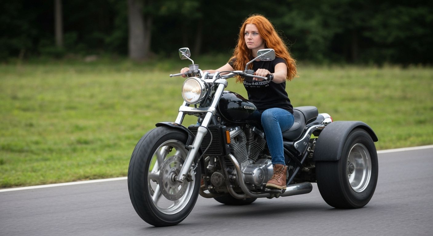 Redhead Woman Rides Motortrike in Bokeh Photography