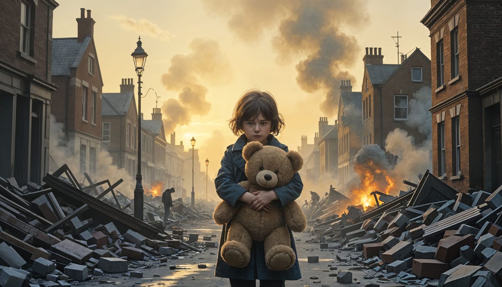 Girl in London Ruins After Bombing, Holding Teddy Bear