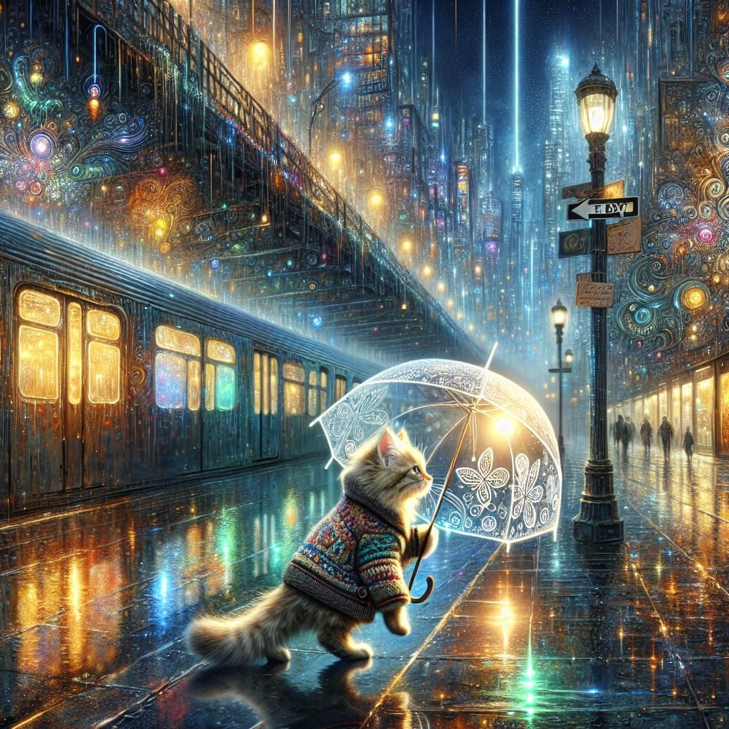 Cat in Cyberpunk City with Glowing Umbrella