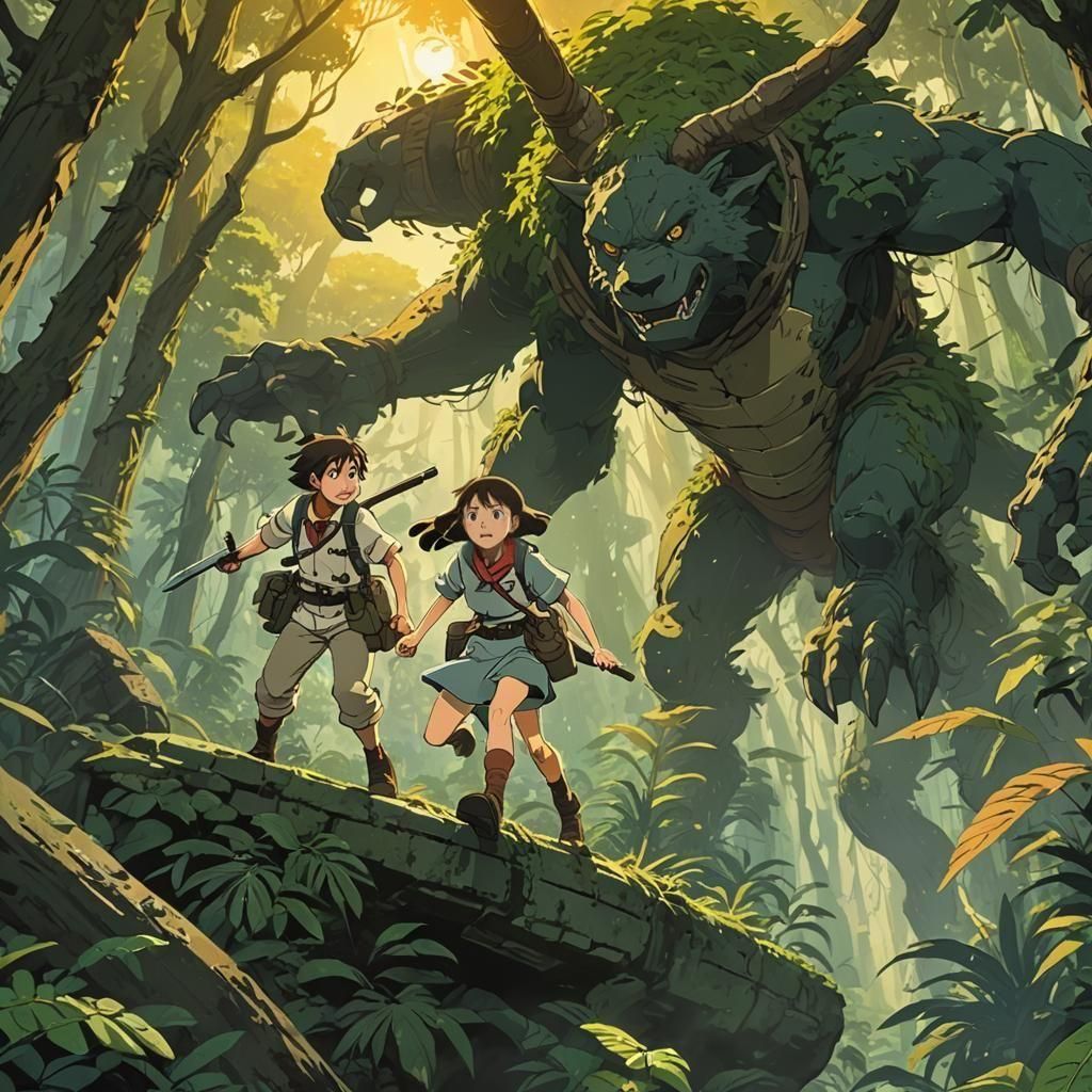 Rugged Explorers Battle Relentless Enemies in Ancient Jungle...