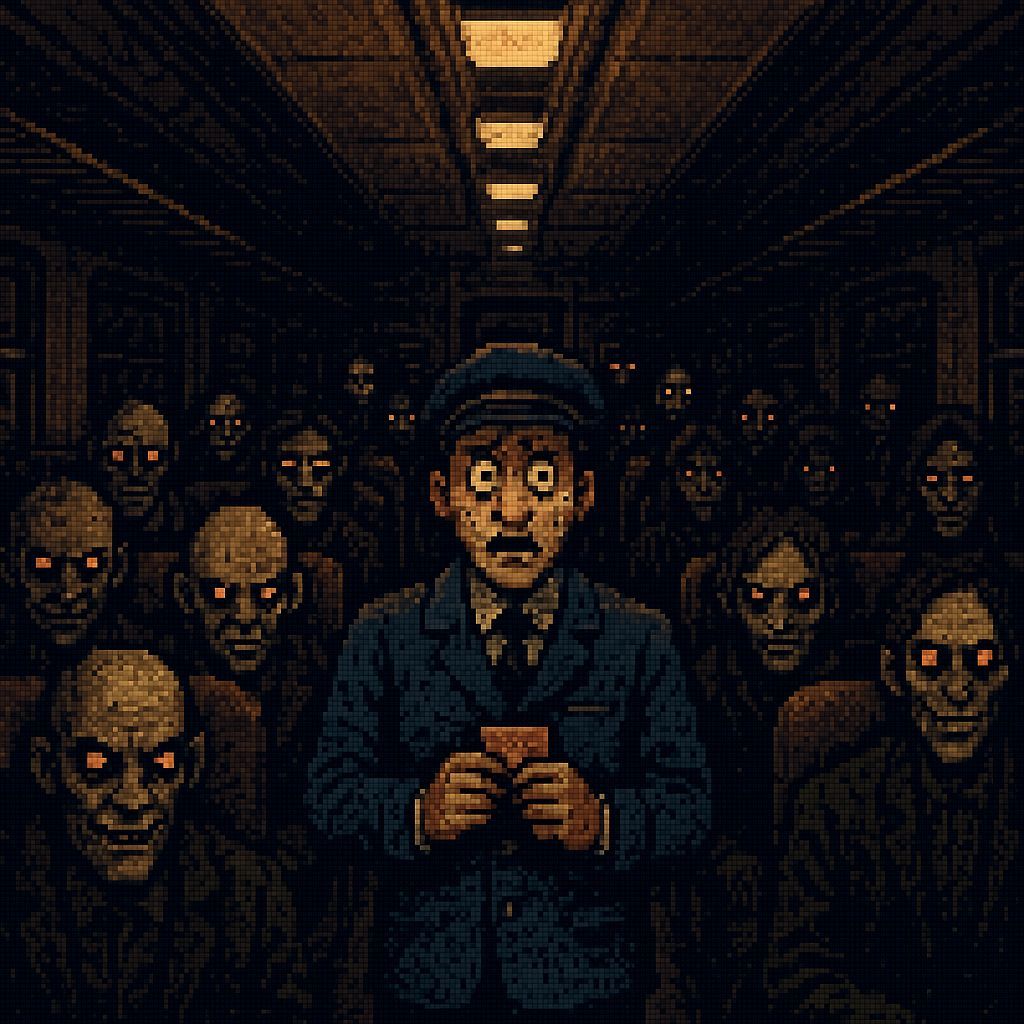 Sinister Passengers on a Dimly Lit Train: 8-bit Art