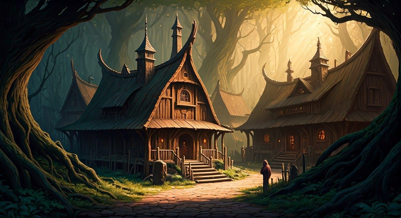 Ancient Forest Village in Warm, Golden Hues as Impressionist...