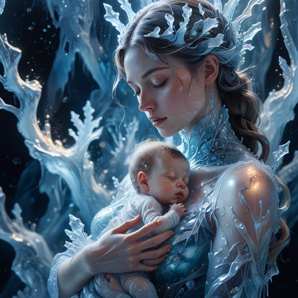 Surreal Ice Mother and Child in Luminous Oil Painting