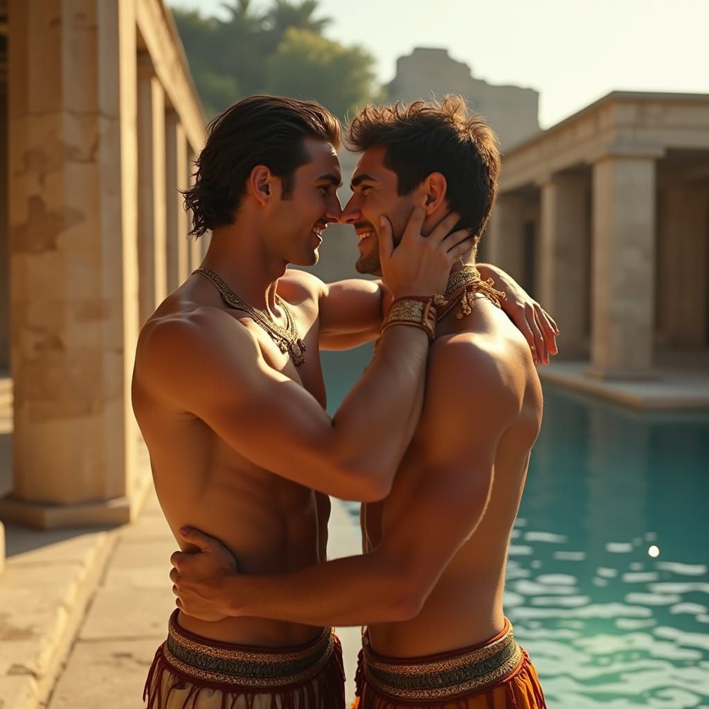 Greek Youths Embrace at Ancient Temple in Golden Hour