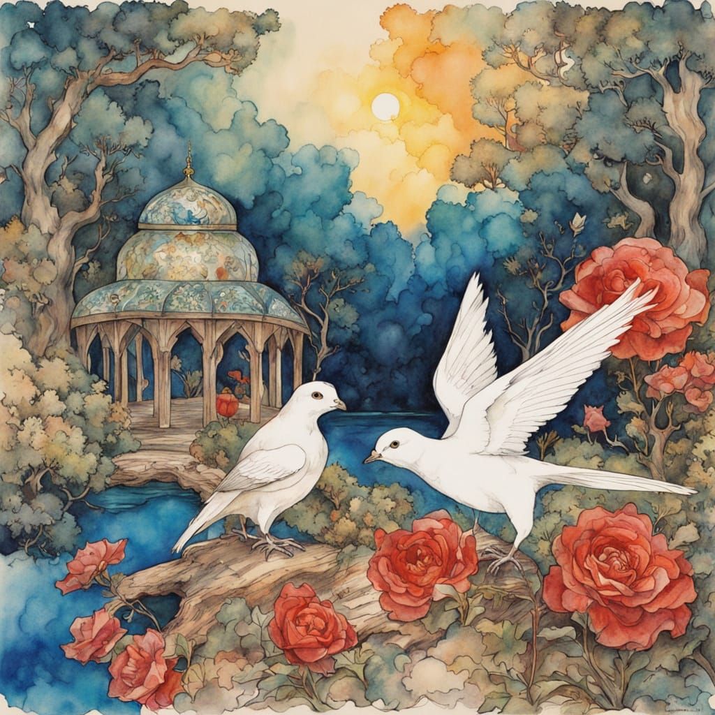 Doves in Safavid Courtyard: Watercolor Storybook Scene