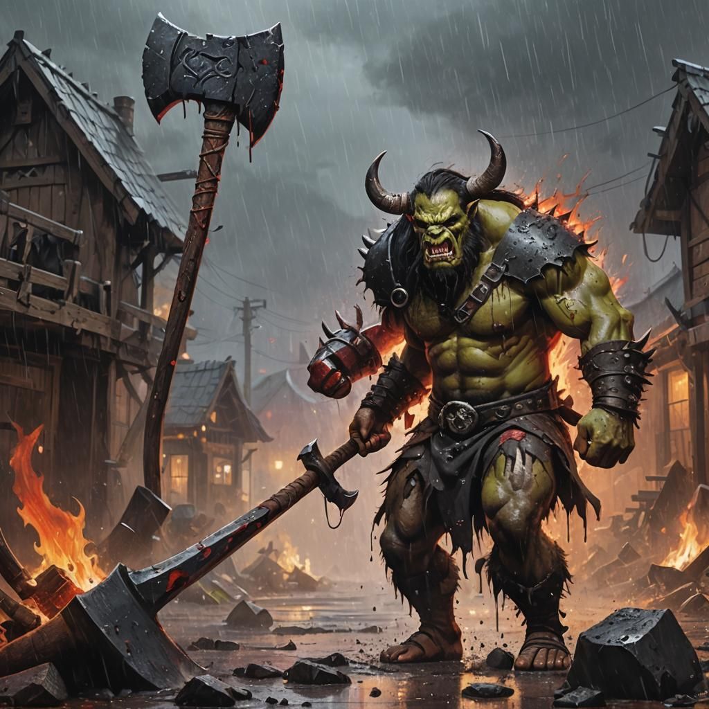 Savage Demon Orc Barbarian Unleashes Chaos in Blazing Villag...