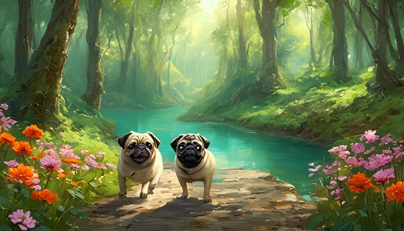 A Serene Forest Scene with Pugs and Blooming Florals