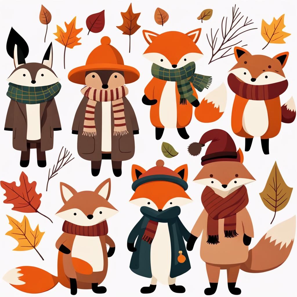 Cute Woodland Creatures in Autumn Attire