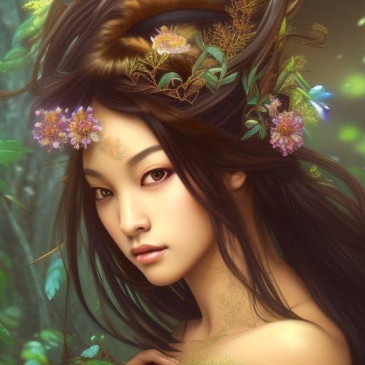 Asian Goddess in a Vibrant Forest