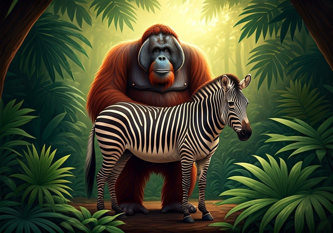 Orangutan and Zebra hanging out in a Forest